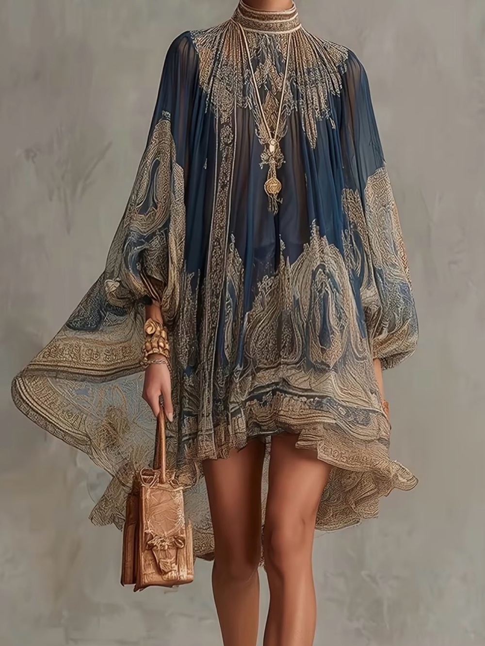 Navy and Gold Paisley High-Neck Mini Dress